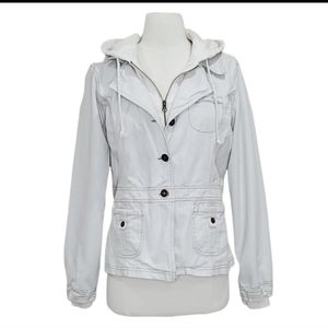 Maurices Faux Double Layered Hooded Cream Jean Utility Blazer Jacket, Large